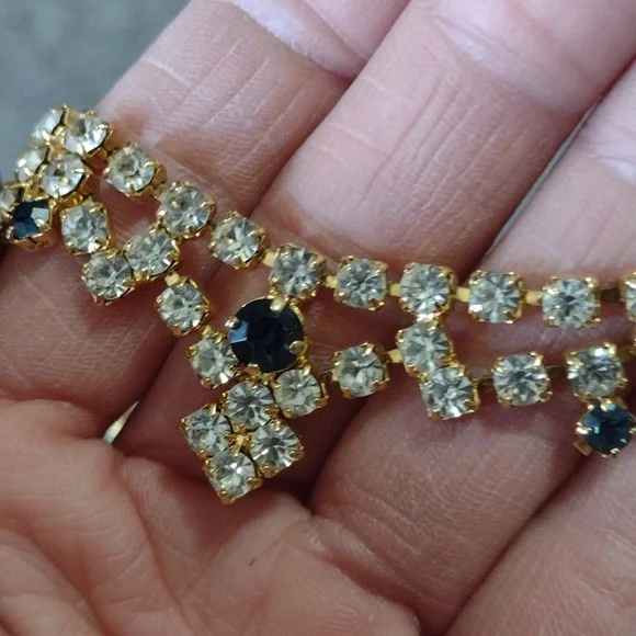 VINTAGE DARK BLUE CLEAR RHINESTONE CHOKER COLLAR BIB 15-18" NECKLACE - Picture 9 of 11